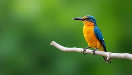 Fototapeta premium Lone, brightly colored bird on a white branch, showy, isolated