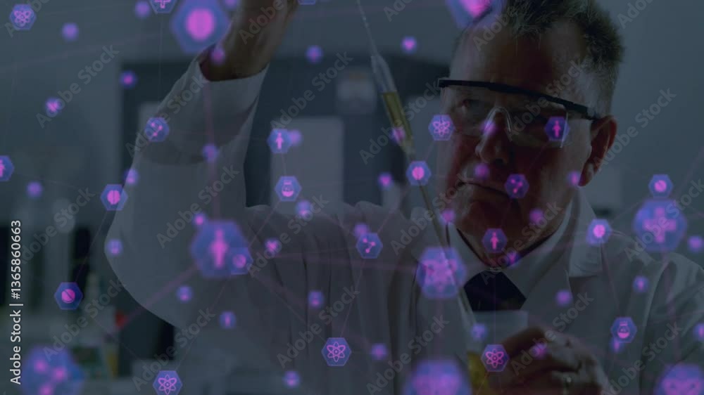Poster scientist working in laboratory with digital data processing animation overlay
