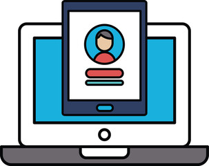 A laptop screen shows a person's profile picture