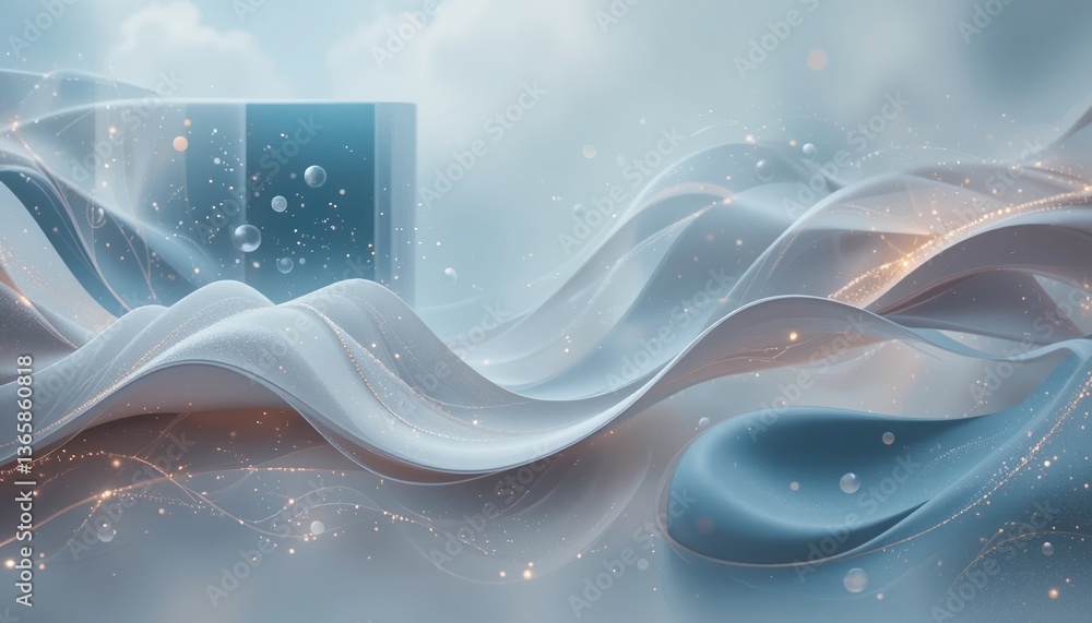 Poster flowing waves of soft fabric with bubbles in a dreamy atmosphere abstract art serenity and calmness 