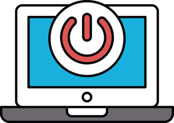 A laptop screen with a red button in the center