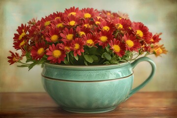 Fototapeta premium Vibrant Red Chrysanthemum Bouquet in Teal Pot Rustic Still Life Photography
