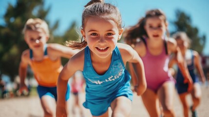 Children engaging in a joyful running race during a sunny day at a local park Generative AI