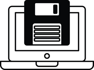 A black and white image of a floppy disc on a laptop