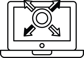 A laptop screen with a black outline of a circle with arrows pointing to it
