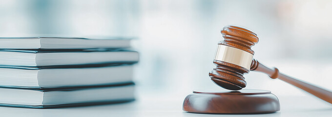 wooden gavel rests on table beside stack of books, symbolizing justice and law. scene conveys sense of authority and legal proceedings in courtroom setting