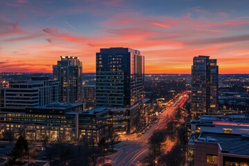 Tysons Corner City Skyline at Sunset. Urban Architecture View
