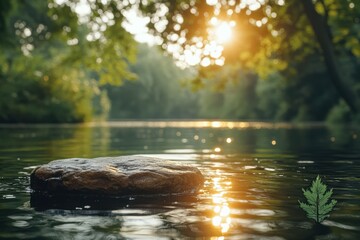 Fototapeta premium Tranquil riverbank at sunset with a rock reflecting sunlight on calm water