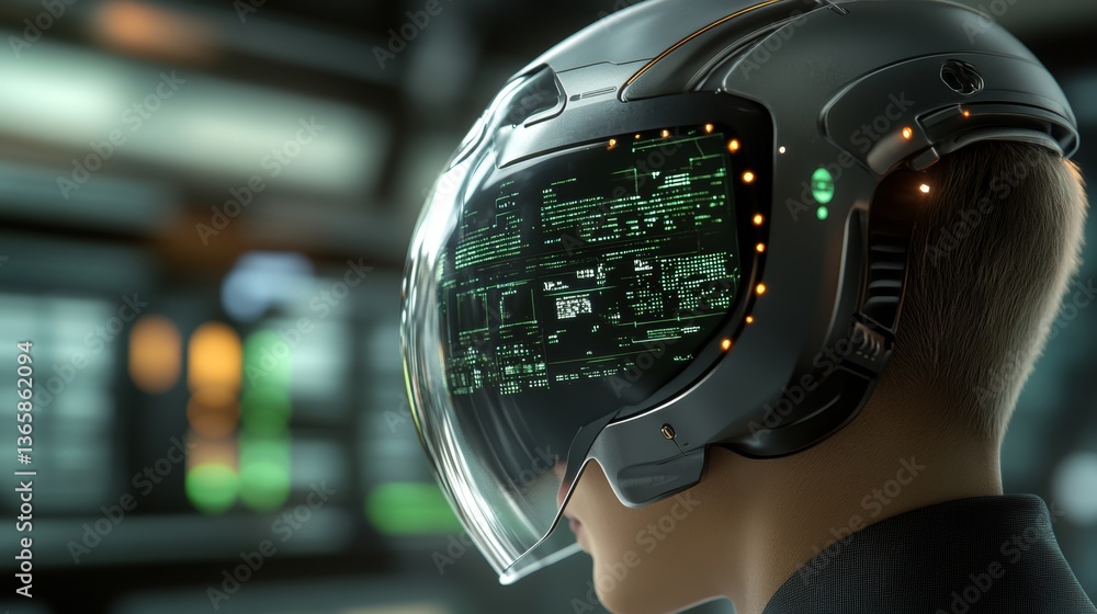 Poster futuristic helmeted figure engaging with advanced technology in a high-tech environment during a cyb