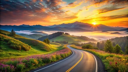 Naklejka premium Serene Sunrise Winding Road Through Misty Mountain Valley at Dawn