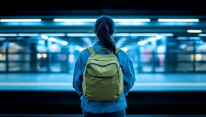 Person waiting on a train platform with a backpack on their shoulders