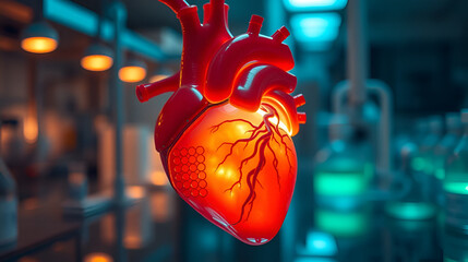 A biomechanical human heart grown in a laboratory, glowing softly with artificial veins