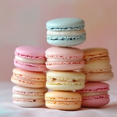 Colorful Macarons: A delightful stack of vibrant macarons, each layer revealing a spectrum of colors and flavors, creating a visually enticing treat, evoking a sense of sweetness.