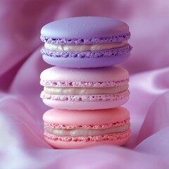 Sweet Symphony: Three meticulously stacked macarons in a captivating array of pastel hues sit gracefully upon a delicate, flowing fabric, inviting the senses to indulge in a moment of pure pleasure.