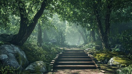 Obraz premium Misty forest path with wooden stairs. Lush greenery, ancient trees, and rocks create a serene and mystical atmosphere