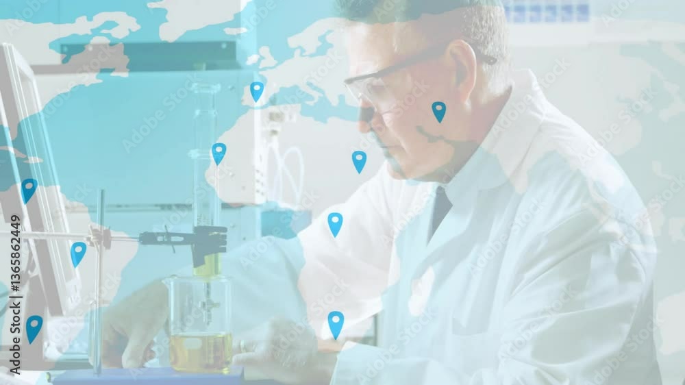 Poster in lab, scientist analyzing global network map with animation and location markers