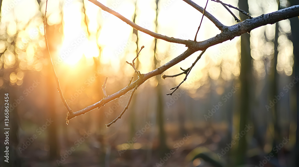 Poster close up of a tree branch with water droplets in front of a golden sunset with bokeh background