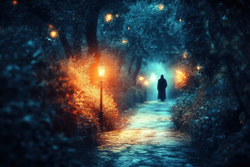 Fototapeta premium A person walks down a dark path.
