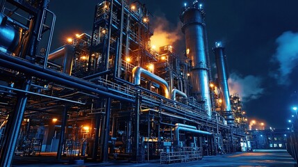 Nighttime View of Metallic Pipes in Industrial Plant Site