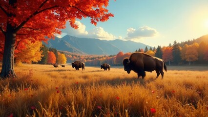 Fototapeta premium Serene autumn landscape featuring a majestic bison herd grazing peacefully in a sunlit meadow, surrounded by vibrant fall foliage and a mountain backdrop.