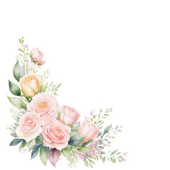 Soft pastel roses and greenery, perfect for creating elegant wedding invitations or greeting cards. Fresh watercolor roses in pink and yellow, ideal for romantic stationery and wedding themes.