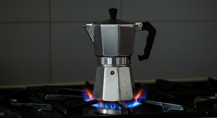 a coffee maker on the stove, with a gas flame underneath it