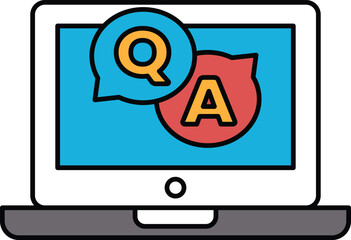 A laptop screen with a Q and A symbol on it