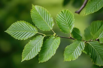 Ulmus Americana. Macro Close-up of Green Leaves on Stem of American Elm Tree