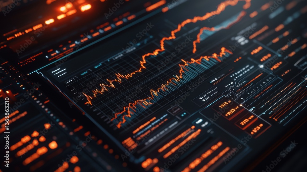 Poster a sleek, digital interface displaying financial graphs and data analytics in vibrant orange against 