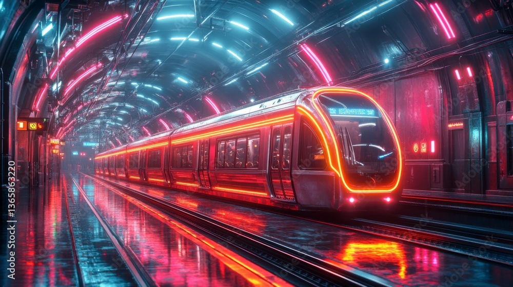 Poster a sleek subway train waits at a platform, glowing with neon lights while casting reflections on wet 