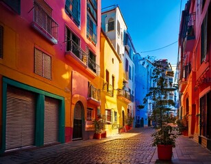 Vibrant street scene with bold colored architecture