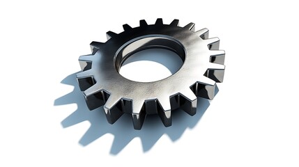 Closeup of a metal gear with a shadow on a plain white background