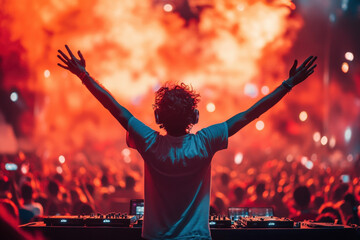 DJ with raised arms at concert, lights flashing, crowd excited, music blaring, capturing high energy vibe.