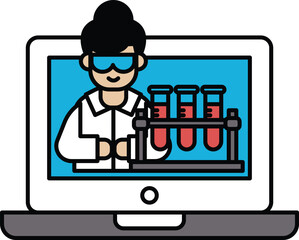 A woman in a lab coat is shown on a computer screen