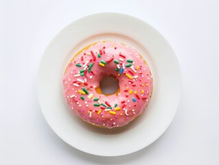 A Sweet Delight: a single pink frosted donut, adorned with colorful sprinkles, rests elegantly on a pristine plate, offering a delectable visual treat.