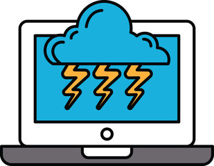 A laptop screen shows a storm with lightning bolts