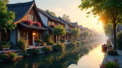 Naklejka premium Serene Canal-Side Houses at Sunrise, Reflecting Golden Light on Still Water, Peaceful Waterfront Village Scene with Lush Greenery and Blooming Flowers