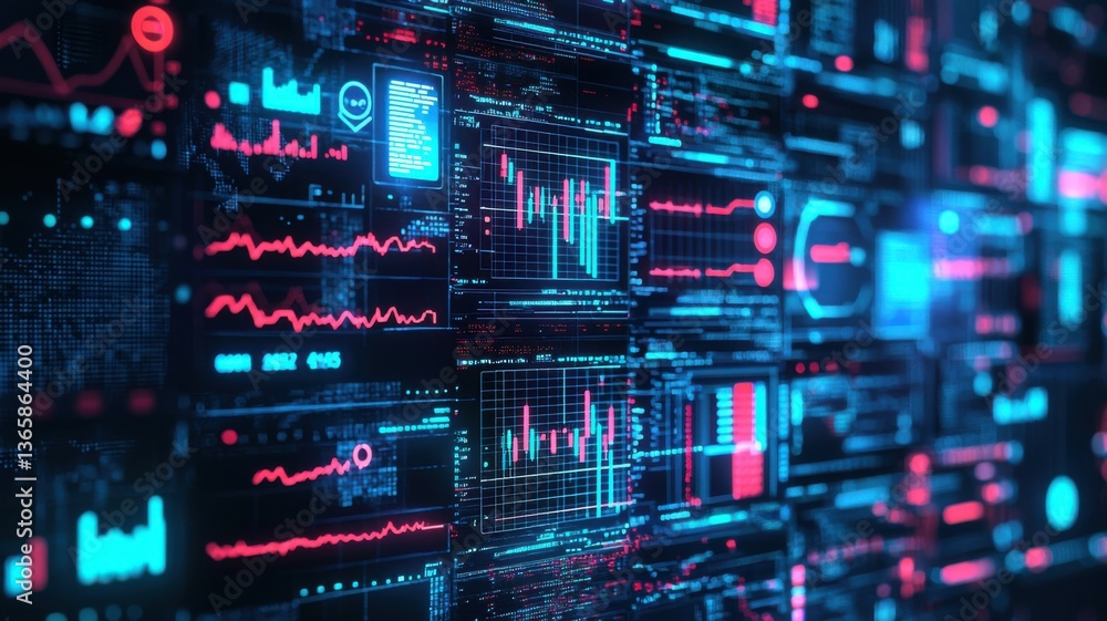 Poster a vibrant digital interface showcasing graphs, data visualizations, and analytics in neon colors, re