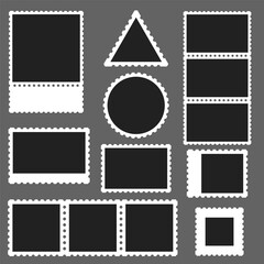 Postage stamp photo frame set with round square rectangle and triangle shapes isolated on dark background editable blank templates for collage scrapbooking retro postal design