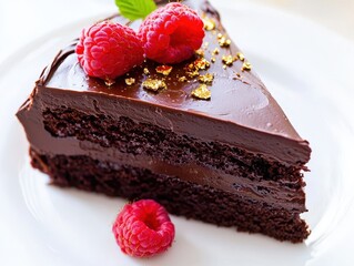Delicious chocolate cake slices adorned with fresh strawberries and raspberries, a gourmet sweet treat