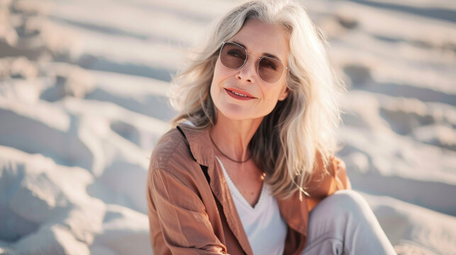 old woman sitting on the beach