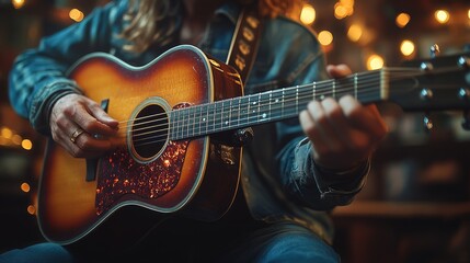 Obraz premium Guitarist strums heartfelt tunes under soft lights, crafting a cozy vibe for connection and creativity