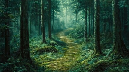 Obraz premium Misty forest path winding through dense trees