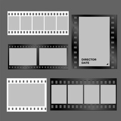 Obraz premium Blank film strip frames set in black and white with horizontal and vertical formats for photo or video editing isolated on dark background retro cinema style film roll templates