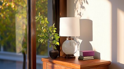 Fototapeta premium Modern Minimalist Home Interior Lamp Plant Books Sunlight