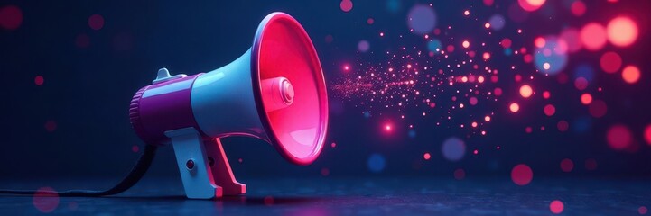 Clean, minimalist megaphone graphic on a tech background, clean, corporate