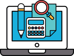 A laptop screen with a pencil, calculator, and magnifying glass on it
