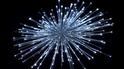 Fototapeta premium Explosion of Blue Optical Fibers Radiating from the Center on a Black Background.