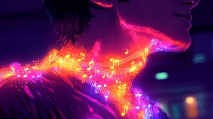 A glowing figure is adorned with colorful musical notes around their neck, symbolizing music's power