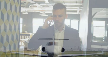 Talking on phone, businessman blending travel and work near airplane on runway - Powered by Adobe
